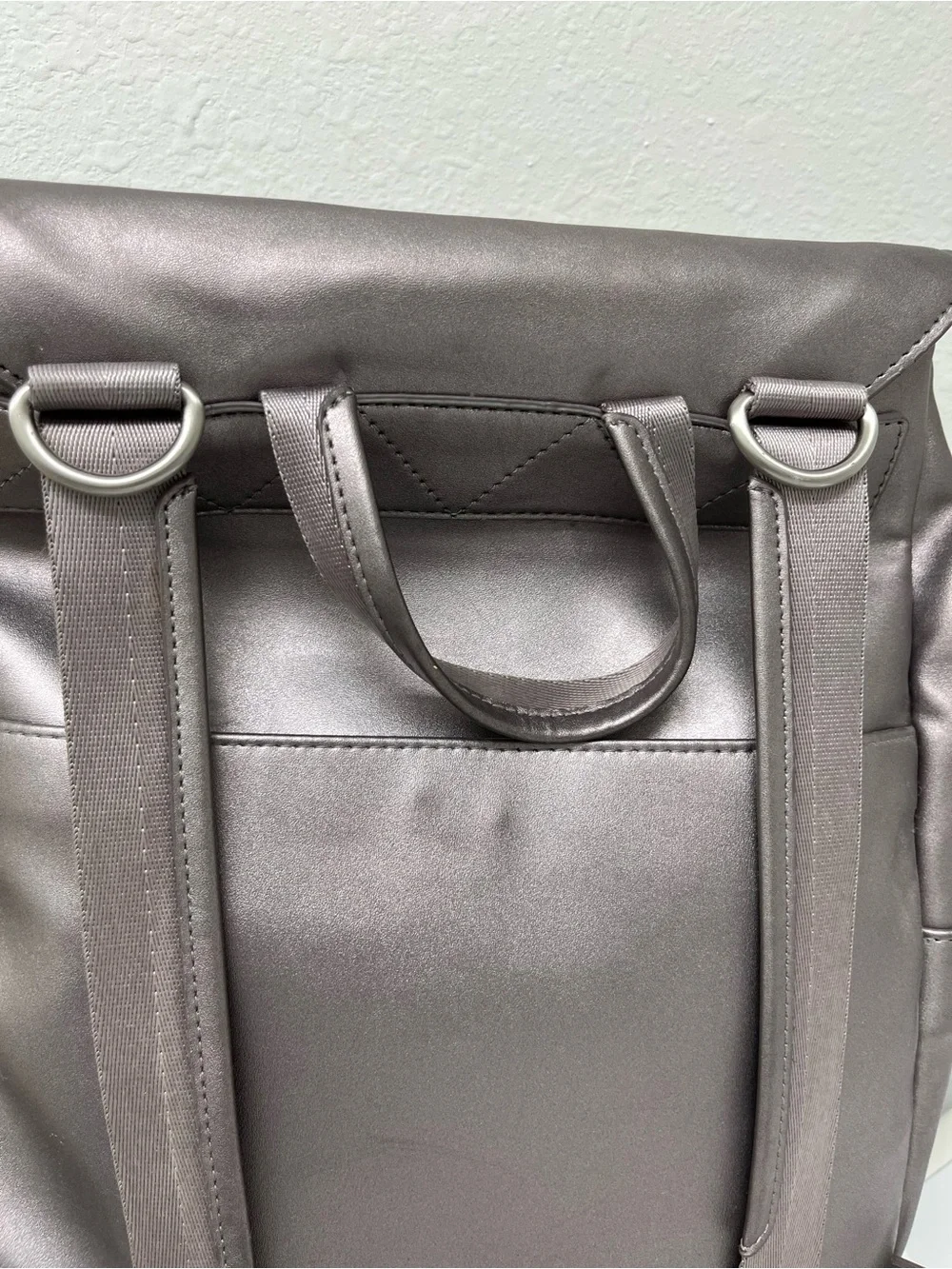 Freshly Picked Metallic Silver Solid Backpack Diaper Bag w/ Changing Pad, Straps